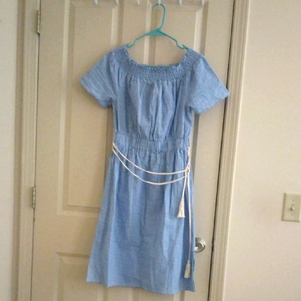 Blue Striped Off shoulder Dress with Belt
